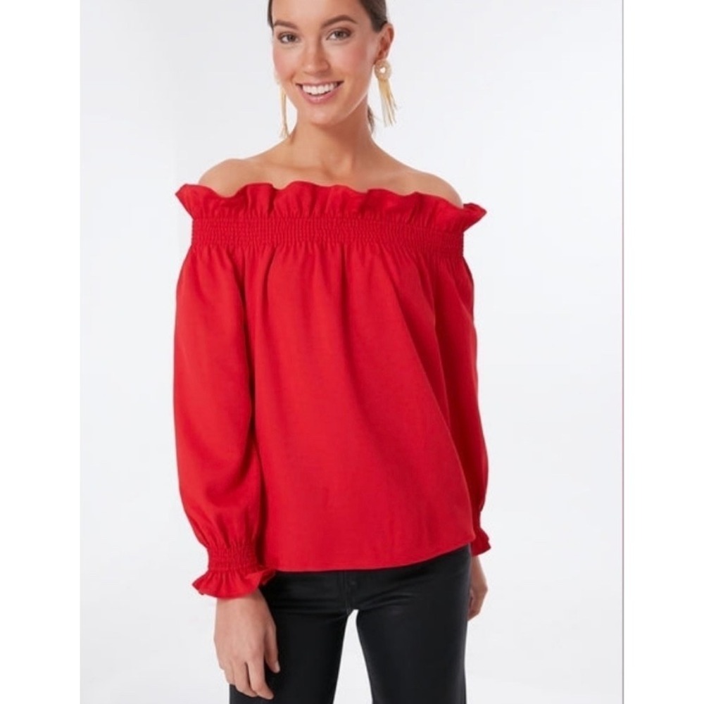 Tuckernuck Womens Marguerite Off Shoulder Blouse Sz Small Red Long Sleeve